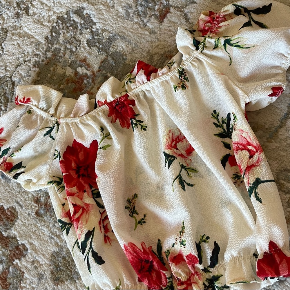 Fashion Nova Floral Off-Shoulder Crop Top - Red and Cream